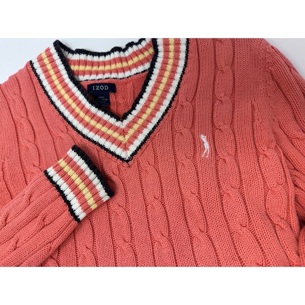 VTG Izod Women's Cable Knit Sweater S Coral Golf Tennis Striped Trim Preppy
